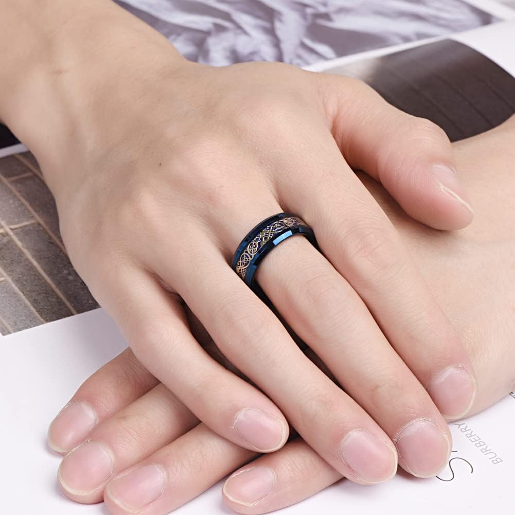 Vakki Celtic Dragon Rings for Men 8mm Blue/Silver Carbon Fiber Inlay Tungsten Carbide Wedding Band Beveled Edge Size 5-14