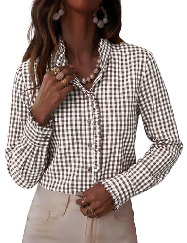 LOMON Plaid Button Down Shirts for Women Dressy Casual Summer Ruffle Blouses Office Work Shirt Gingham Cotton Tops Brown White M