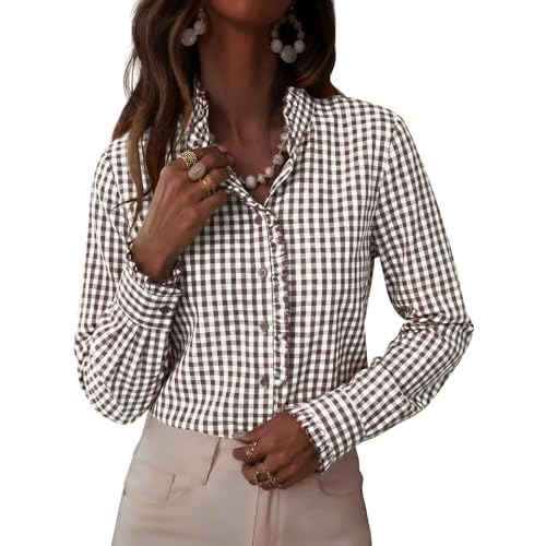 LOMON Button Down Shirts for Women Dressy Casual Long Sleeve Ruffle Blouses Office Tops Work Shirt Brown White Plaid Large