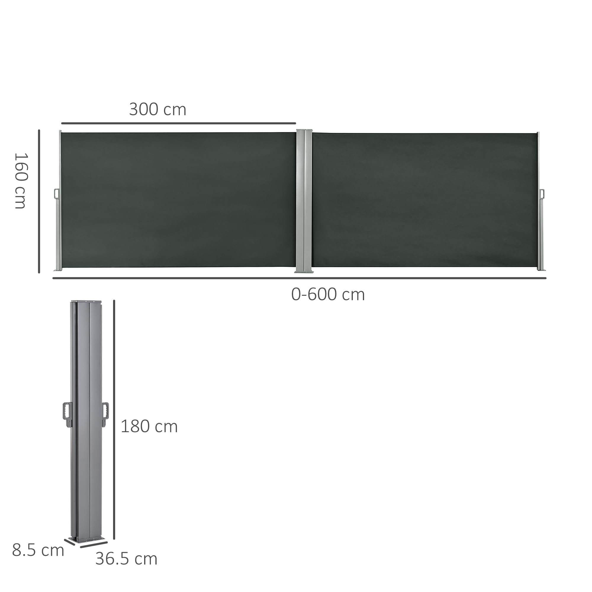 Outsunny Tenda Laterale Retrattile con Maniglia, Frangivista Balcone in Metallo e Poliestere 180 g/m², Anti UV, per Privacy da Esterno, per Balcone Giardino, 600x180 cm, Grigio