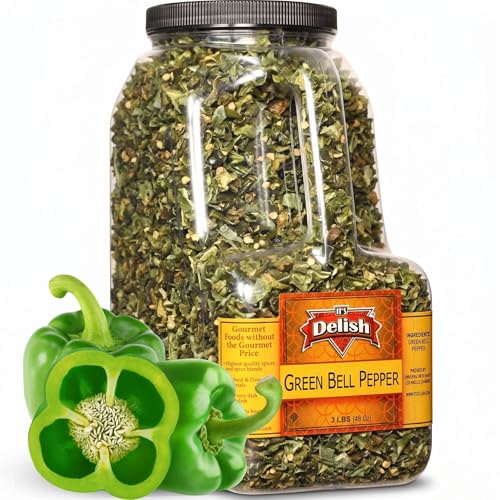 Dehydrated Green Bell Peppers by It's Delish – 3 LBS (48 Oz) Restaurant Gallon Jug with Handle | Dried Diced Bell Pepper Flakes for Pizza, Soups, Stews, Fajitas & Stir-Fry – All Natural, Kosher