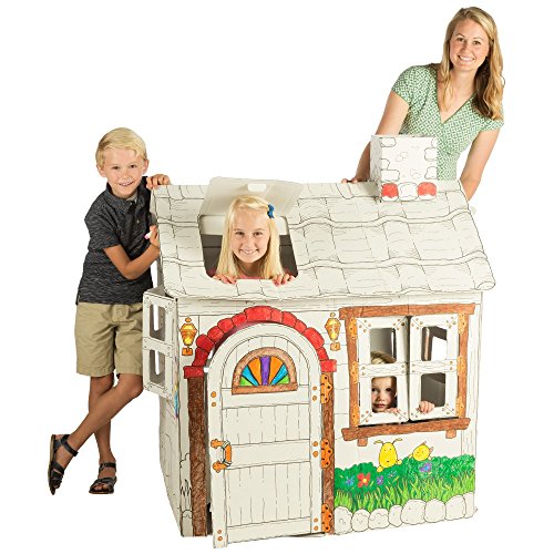 Cardboard Playhouse for Kids to Color - Create an Easy Play House with Included Markers and Over 50 Sticker Decorations!