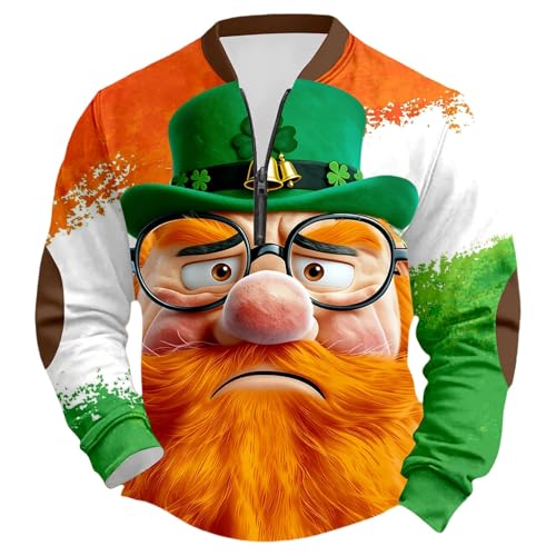 Generisch St Patrick's Day Jersey de Media Cremallera Verde Irlandés sin Casual Top Deportivo de Manga Larga con Cuello Redondo para Hombre (Verde, L)