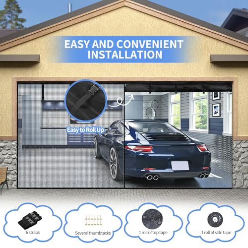 Image of Garage Door Screen for 2 Car Garage,16X8FT Heavy Duty Magnetic Garage Screen,Durable Screen Door Mesh,Keep Bugs Out, Pet and Kid Friendly Door Screen, Black