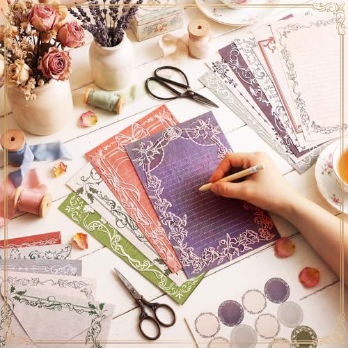 Image of TaoBary 160 Pcs Stationery Paper Set 50 Double Sided Stationery Papers with 50 Matching Envelopes and 60 Round Dot Sticker, 10 design(vintage Lace Frame, 5.5 x 8.25 Inch)