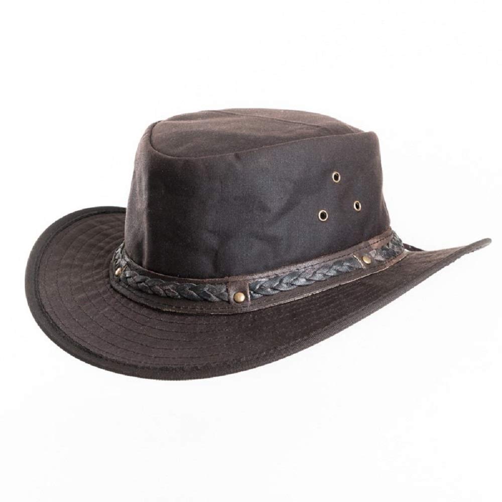 The Hat Company Oil Skin Wax Cotton Fedora with Braided Leather Trim (Large 59cm) Brown