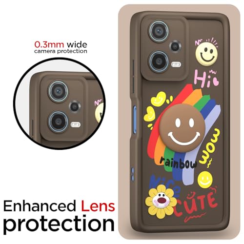 Image of Pikkme Back Cover for Redmi Note 12 Pro 5G | Soft Silicone| Cute Rainbow Smile & 3D Cartoon Flower Design | Shockproof Raised Camera Protection Bumper Case (Brown)