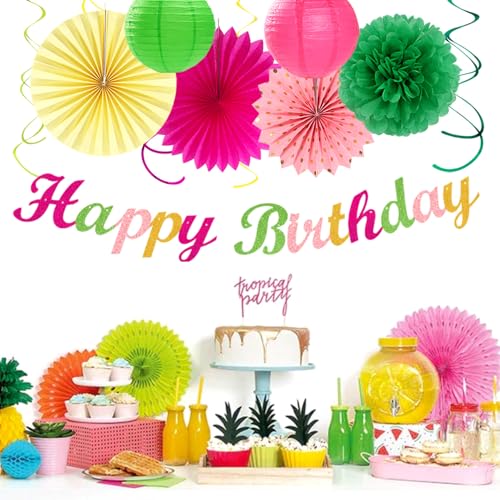 Image of Hawaiian Luau Birthday Party-Decorations Supplies - 21pcs Happy Banner,Beach Paper Lanterns Honeycomb,Flamingo Pool Streamers Garland,Summer Tissue Pom Poms Flowers Fans,Tropical Tiki Decor Burgleda
