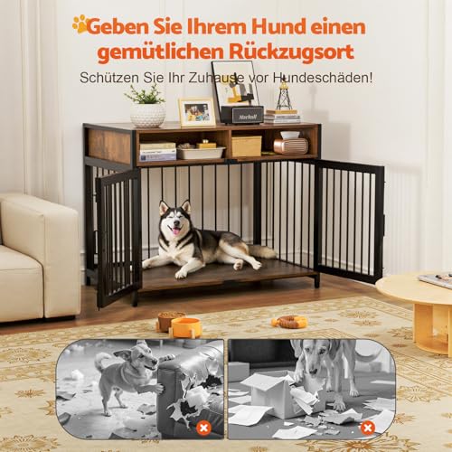 Gimars Hundebox 94×58×63 cm mit Tischplatte und Schublade, robuste Indoor-Hundebox für kleine, mittlere und große Hunde
