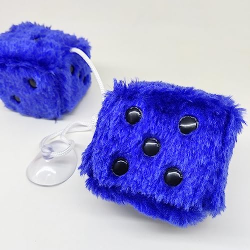 Image of 2.36'' Retro Fuzzy Plush Dice Car Charm Square Plush Dice Rear View Mirror Hanging Ornament, Royal Blue
