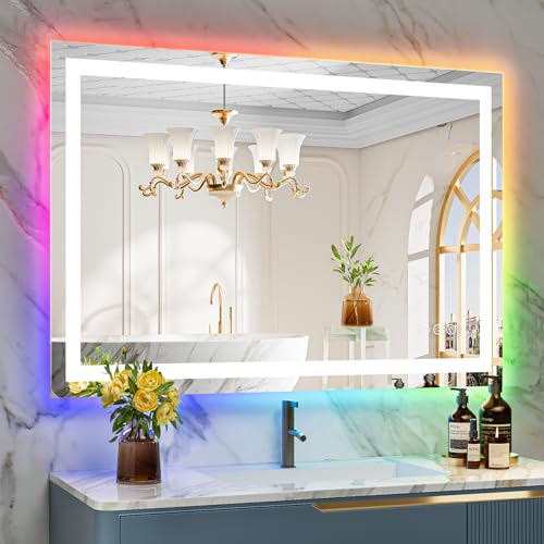 Image of 44x30 Inch RGB LED Bathroom Mirror Front Light and RGB Backlit Lighted Vanity Mirror for Bathroom Wall Mounted Dimmable Anti Fog Memory Shatter-Proof IP54 Waterproof Horizontal /Vertical