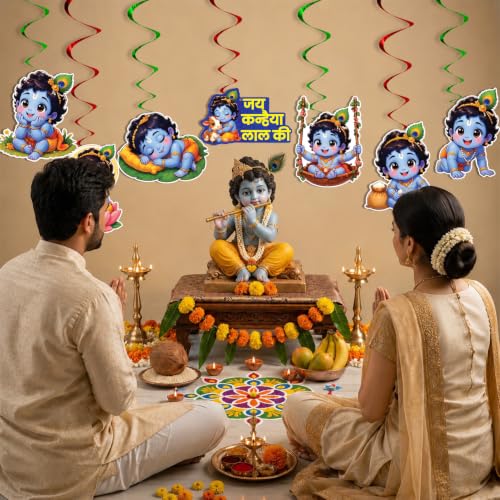 Image of Party Propz Janmashtami Decoration Hanging Swirls with Cutouts for Janmashtami Special Decoration - 12 Pcs Krishna Cutouts Items for Home, Kanha Decorations Items and Festival Decor