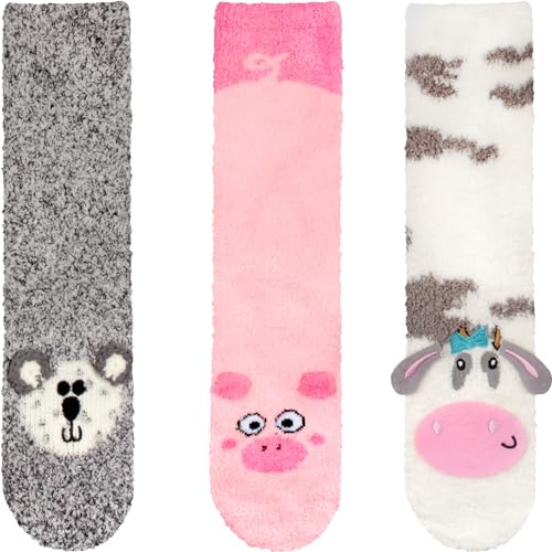 Image of BambooMN Super Soft Warm Cute Animal Face Non-Slip Fuzzy Crew Winter Home Socks, Value Pack
