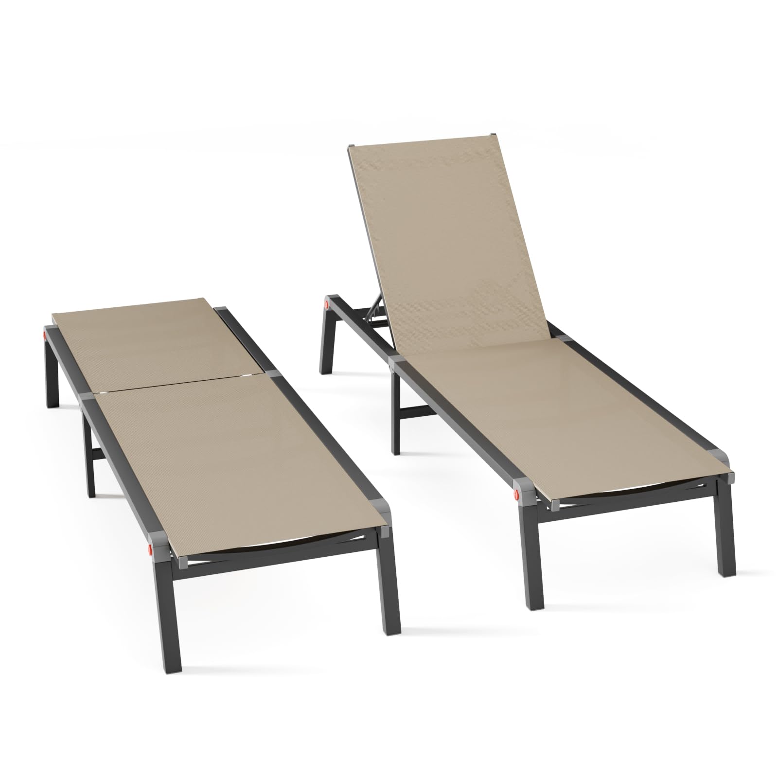 Aluminum Chaise Foldable Patio Lounge Chair Outdoor, Metal Deck Lounger Adjustable 5-Position Recliner Pool Chase Breathable Full Flat Outside Sun Tanning Chairs for Beach/Poolside/Lawn(Khaki, 2 Pack)