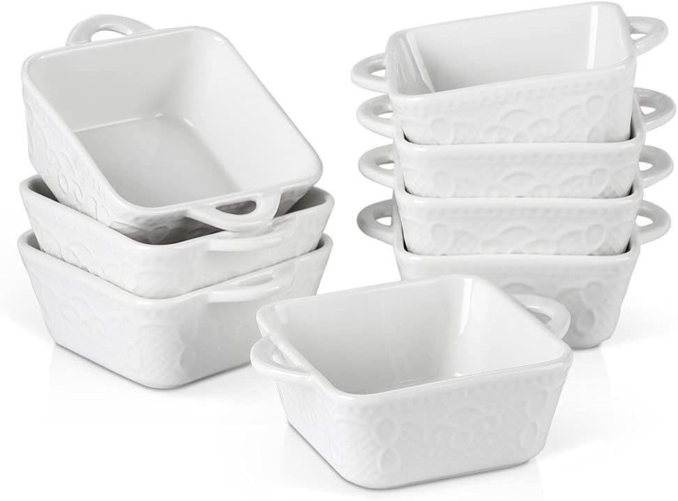 4/8-Piece 305ML Ceramic White Porcelain Bake Plate Pans Set with Handle,Souffle Brulee Pie Tapas Baking Dishes Bakeware (Size : 4-Piece) (8)