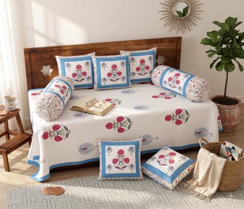 Image of BLOCKS OF INDIA 200TC Diwan Set Cotton 8 Piece | Deewan Printed Bedsheet Sets for Living Room Hall (Set of 8 Piece, 1-Bed Sheet | 2-Bolster Cover | 5-Cushion Cover (Open Blue Motif)