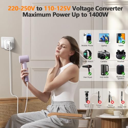 220V to 110V Voltage Converter US to Europe International Universal Travel Adapter, 20W PD With 2 USB-C 2 USB-A Port, Worldwide Power Converter Plug Combo US to Italy Spain Greece WHITE-L4