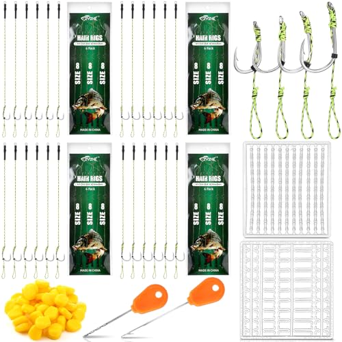 Seenelling 78 Pcs Carp Fishing Hair Rigs Bait Carp Rigs Kit Includes 24 High Carbon Steel Curved Barbed Hook 50 Fake Corn Lures 2 Line Bait Stopper 2 Needle Fishing Equipment Accessories