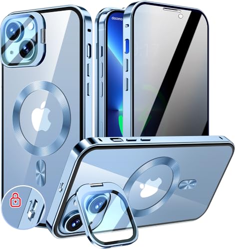 KELLCASE【カメラレンズ保護・スタンド+覗き見防止+MagSafe対応 】iPhone 13 mini 用 ケース 全面保護 隠しスタンド付き ロック付き 両面 マグネット式 アイフォン 13 ミニ カバー ストラップホール付き透明背面 メタルフレー
