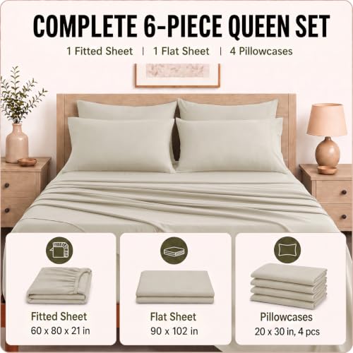 Image of CozyLux 6-Piece Queen Sheet Set, Fits 18-21 Inch Mattresses, Oeko-TEX | 4 Pillowcases, 1 Flat Sheet and 1 Fitted Sheet with All-Around Elastic and 21-Inch Deep Pocket for a Secure Fit, Beige