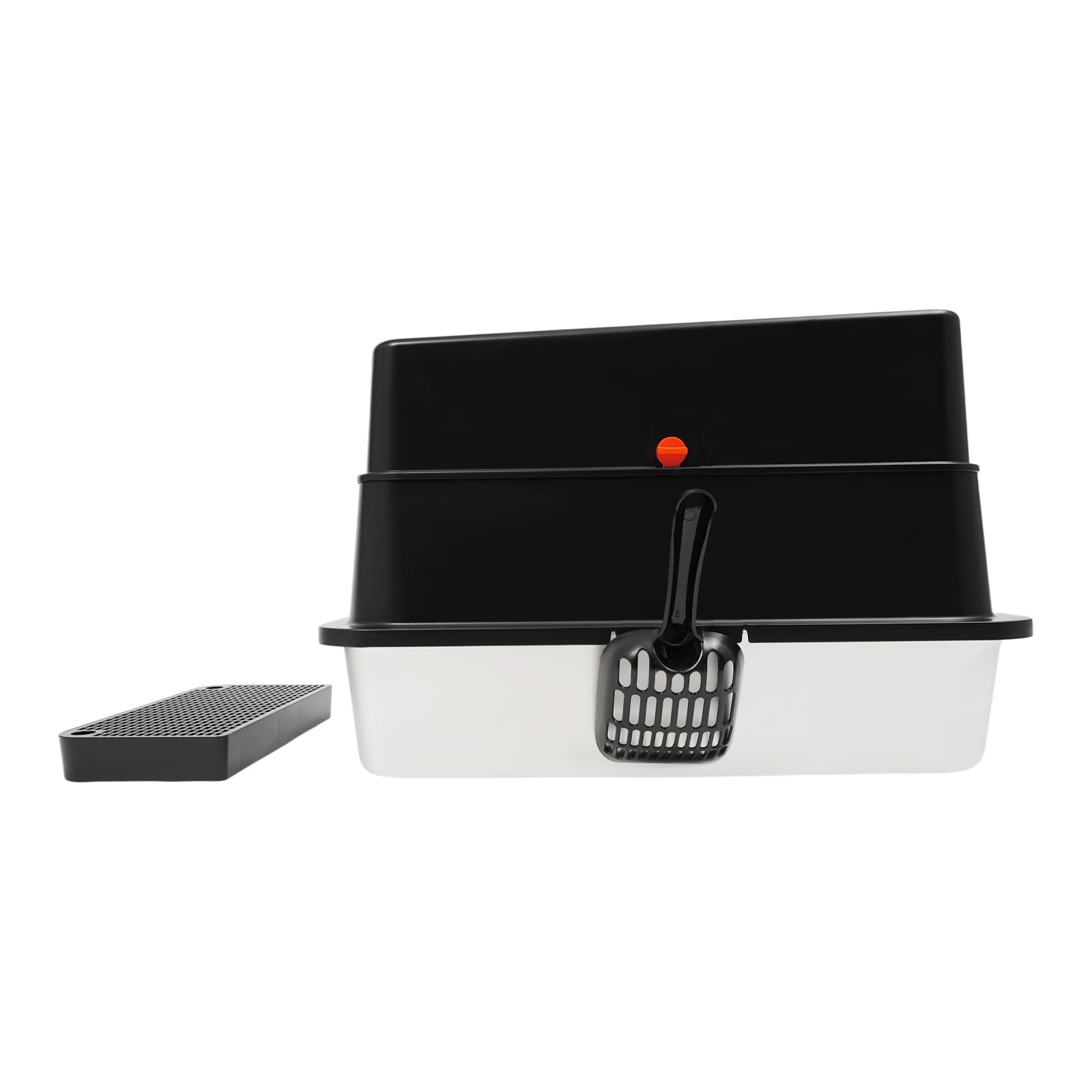 Lettiera chiusa per gatti da 31,2 l, apertura a forma di U, inodore, facile da pulire, robusta in acciaio inox/PP/ABS, per gatti fino a 15 kg, con pedale, paletta e pastiglie Grippy (nero)