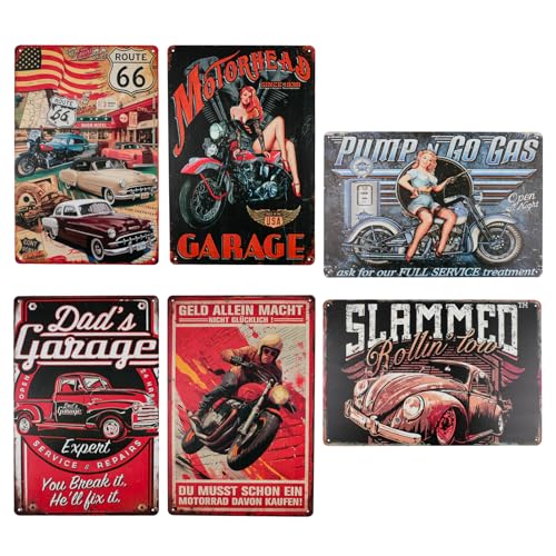 Rongxze Lot de 6 plaques en métal vintage (20 x 30 cm) – Décoration murale rétro pour garage, atelier, bar | Art mural automobile classique