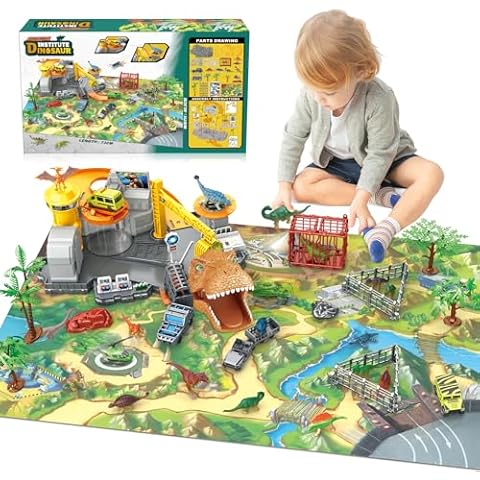 Dinosaur World Track Car Playset - Educational Toy Set for Kids with Transport Plane and Toy Dinosaurs for Toddler, Perfect Christmas or Birthday Gift for Boys Ages 3 4 5 6 7 8 9 10 11 12 Years Old Cover