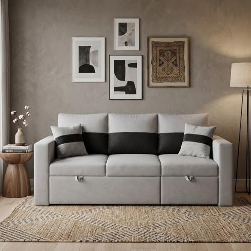 Image of FURNY Soria 4 Seater RHS Lounger Sofa Cum Bed (Light Gray - Black) with Pull-Out Function | Luxury Velvet Suede Finish | Durable Comfort | Ideal for Living Room