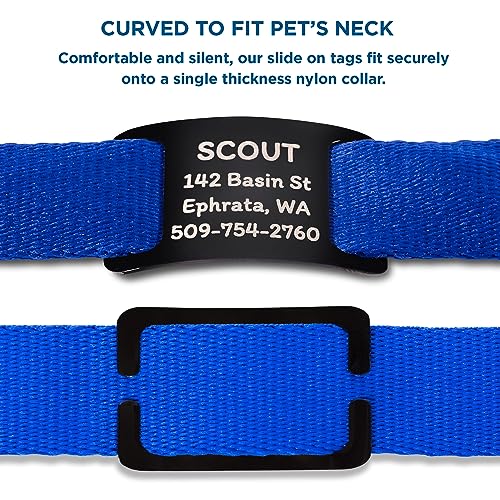 GoTags Slide-On Pet ID Tags, Curved Personalized Dog and Cat, Silent, No Noise Stainless Steel, Custom Engraved in 4 Sizes for Large and Small Pets, Black