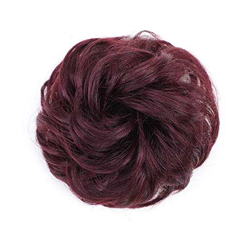 100% Human Hair Scrunchies Hair Bun Extensions Donut Hair Chignons Piece Wig Wavy Curly Messy For Women Ponytail Hair Extensions(Burgundy)