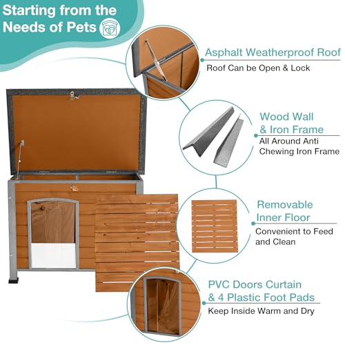 Indoor Outdoor Dog House,Anti-Chewing Iron Frame Dog Kennel,Wood Warm Pets Home,Weatherproof Outside Shelter for Feral Animal 33.5" (L) X 22" (W) X 25.2" (H) Brown - Image 3
