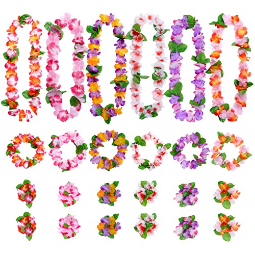 24pcs Hawaii Party Decoraciones Hawaii Florales Cadenas con Collares Elásticas Diademas y Pulseras para Tema Fiesta en la Playa Verano Fiesta Favors Cover