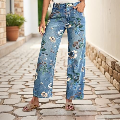 Womens Straight Leg Jeans Flower Print Baggy High Waisted Barrel Jeans Trendy Summer Streetwear Denim Floral Pants2