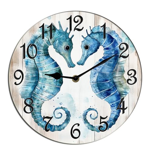 Horienteeon Seahorse Wall Clock Ocean Couple Love Wooden Clock Non Ticking Silent Kitchen Clock Battery Operated Clocks For Living Room Bedroom Living Room Decor Hanging Desk Art Round 10"