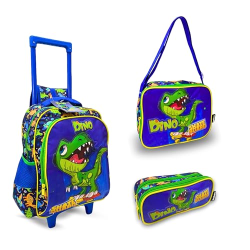 Balboa Kit Mochila de Rodinhas Escolar Dino Skateboard AMZ-154 Lancheira Térmica e Estojo Combinando para Meninos