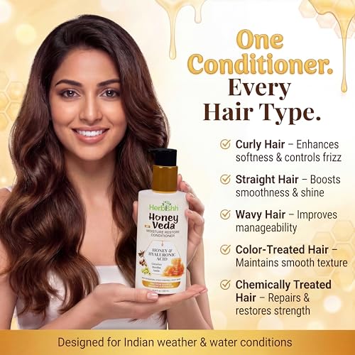 Image of Herbishh Honey Veda Moisture Restore Conditioner 300ml - Hydrating Detangling Conditioner for Dry & Frizzy Hair, Amla, Reetha, Licorice with Keratin & Hyaluronic Acid, Sulfate & Paraben Free