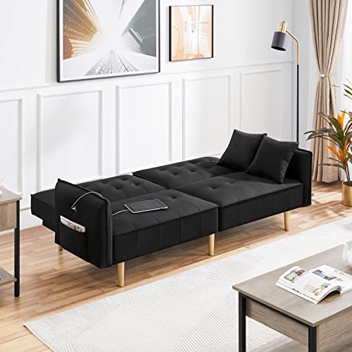 Yaheetech 78” Convertible Sofa Bed With Usb Ports Sleeper Couch Futon Daybed Sleeper Sofa For Living Room Convertible Loveseat Adjustable Couch Bed Linen Fabric Tufted Split-Back Daybed, Black #TOP4