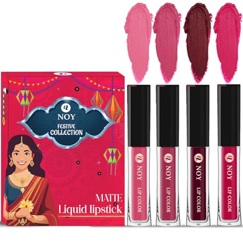 Image of Noy Liquid Matte Festival Pack 4 Rich Lipstick Colors Peach, Pruple, Maroon, Magenta Shades