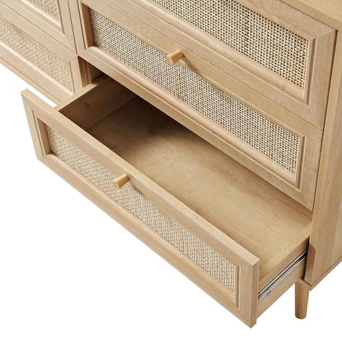 Image of Mid-Century Modern Chest of Drawer with Natural Rattan Panels, Solid Wood Legs, Spacious Storage Chest, Stylish Bedroom Dresser for Living Room, Entryway. (Natural)