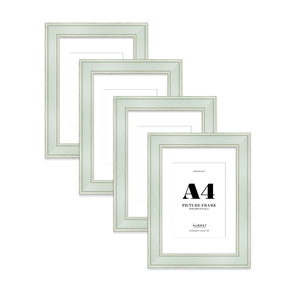 A4 Sage Green Picture Frame with A5 Mount - Shabby Chic Photo Frame with Distressed Finish, Gold Trim, Wall Hooks and Kickstand, 37mm Edge - 4 Pack