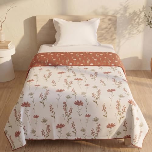 Image of HUESLAND 100% Cotton Reversible Dohar Single Bed Cotton | Soft Cambric Weave, All Weather Light AC Blanket | 56 x 89 inches, Floral - Rust & White