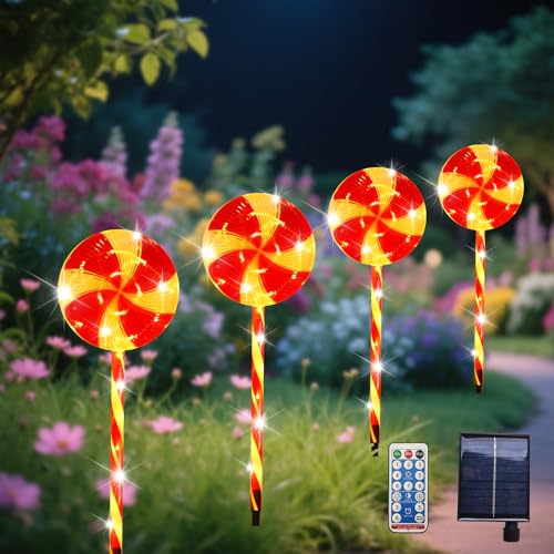 Luci solari di Natale all'aperto, 70CM Candy Christmas Lollipop Lights ，4Pcs Garden LED Lights Waterproof with USB Charging & 8 Lighting Modes for Yard Decorations, Walkway