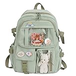 Cute Kawaii Backpack for Girls – College Student Rucksack Nylon School Backpack with Plush Pendant Pin Cute Large Capacity Japanese Style for School Teen Girls Boys