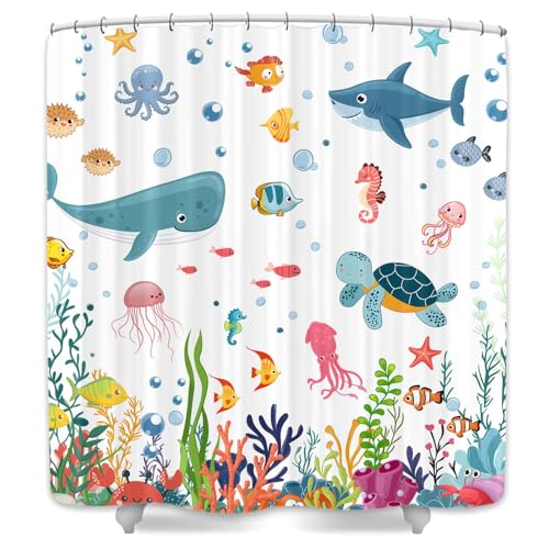 Image of Ocean Underwater World Kids Shower Curtain, Cute Sea Turtles Dolphins Fish Coral Reef Bathroom Decor for Boys Girls, Waterproof Polyester Fabric with 12 Hooks, Blue Marine Theme Bath Curtain