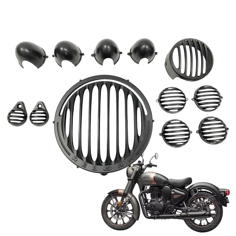 Dhe Best Bike Premium Head Light Grill/Jali + Indicator Grill + Indicator Cap +Tail Light Grill and Headlight LED Indicator Grill 2024 Onwards Set of 12 Compatible with RE Reborn Classic 350