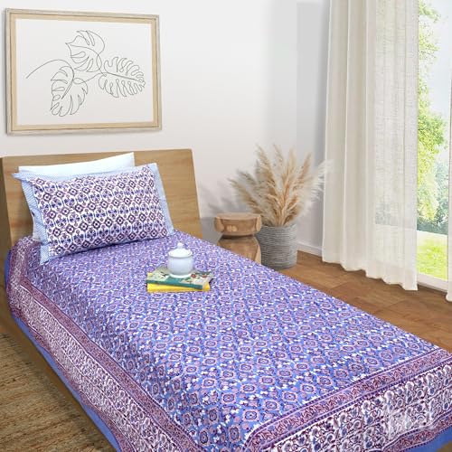 Image of TOAI Hand Block Printed Jaipuri Bedsheet | Bed Sheet Flatsheet | Pure Cotton | Single Size 60 inchx90 inch | 300 TC Bedsheets | Includes 1 Pillow Cover |Moroccan Tiles