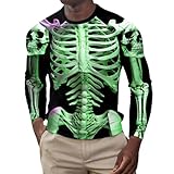 Halloween-Skelett, langärmeliges T-Shirt mit Rundhalsausschnitt, Grafik, lässiges T-Shirt für den Herbst, Bequeme Passform (Green, M)