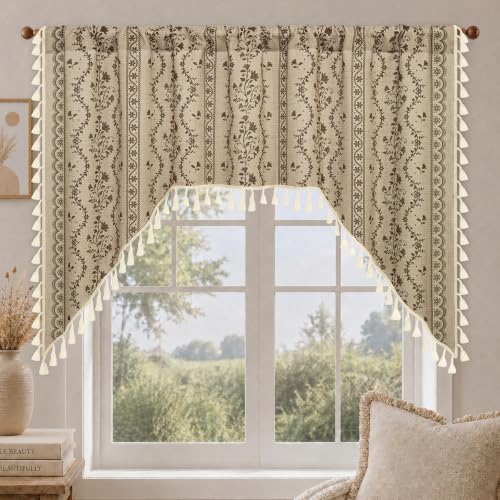 Image of Yinhua Boho Swag Valance Curtains Vintage Linen Valances for Windows Light Filtering Floral Kitchen Valance Rod Pocket Rustic Tassel Window Valances for Bathroom Cafe, 60 inch W x 36 inch L, Beige Brown