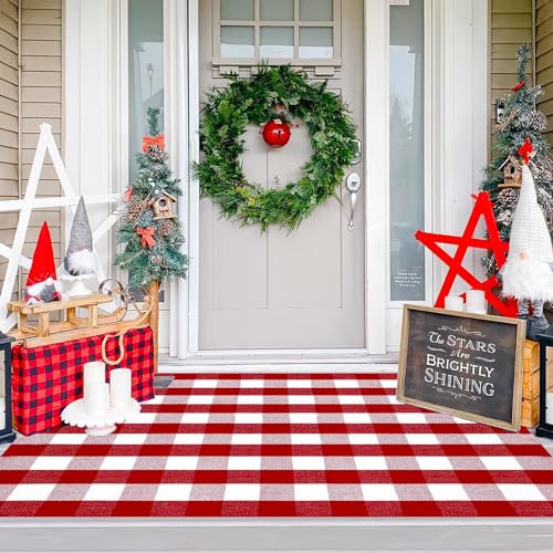 Ckorzen Red and White Plaid Rug, 4' x 6' Christmas Front Porch Outdoor Rug, Handwoven Cotton Washable Rug for Layered Door Mats, Holiday Entryway and Home Décor