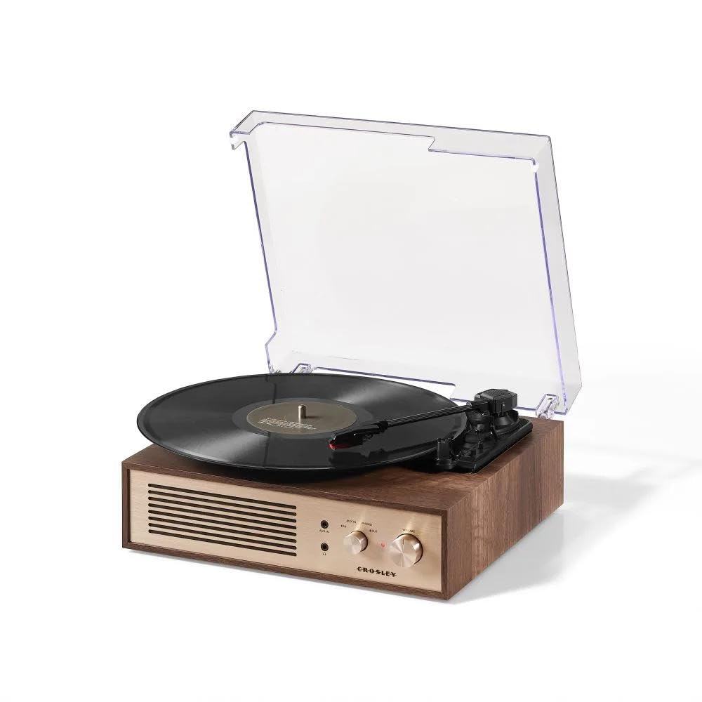 Crosley Miles 3-Gang-Plattenspieler mit Bluetooth EIN- und Ausgang, integrierten Lautsprechern, Walnuss